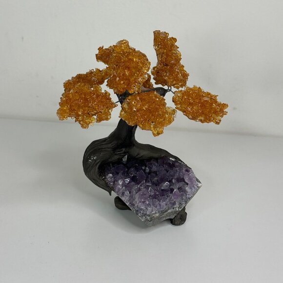 Amethyst Bonsai Tree Sculpture With Orange Citrine Cluster Leaves On Black Trunk - Picture 1 of 8